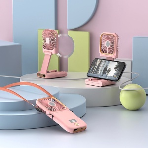 Ventilator Portabil Flippy, 3 in 1, de Mana, de Gat, de Birou, 16.7 x 8 x 1.9 cm, 3 Trepte de Viteza, Incarcare USB, Pliabil, Afisaj Digital, Suport Telefon, Roz - Img 4