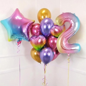 Balon din Folie Metalizata Flippy, Figurina Cifra Gradient, Tema Aniversare 40 cm, Ambalaj Individual, Pai inclus, Umflare cu Aer sau Heliu, Multicolor, Cifra 2 - Img 5