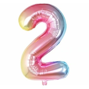 Balon din Folie Metalizata Flippy, Figurina Cifra Gradient, Tema Aniversare 40 cm, Ambalaj Individual, Pai inclus, Umflare cu Aer sau Heliu, Multicolor, Cifra 2 - Img 1