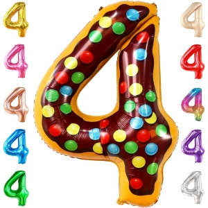 Balon din Folie Metalizata Flippy, Figurina Cifra, Imprimeu Gogosi, Tema Aniversare 100 cm, Ambalaj Individual, Pai inclus, Umflare cu Aer sau Heliu, Multicolor, Cifra 4 - Img 12