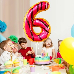 Balon din Folie Metalizata Flippy, Figurina Cifra, Imprimeu Gogosi, Tema Aniversare 100 cm, Ambalaj Individual, Pai inclus, Umflare cu Aer sau Heliu, Multicolor, Cifra 6 - Img 2