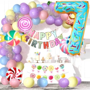 Balon din Folie Metalizata Flippy, Figurina Cifra, Imprimeu Gogosi, Tema Aniversare 100 cm, Ambalaj Individual, Pai inclus, Umflare cu Aer sau Heliu, Multicolor, Cifra 7 - Img 2