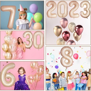 Balon din Folie Metalizata, Flippy, Figurina Cifra, Model 7, Tema Aniversare 100 cm, Ambalaj Individual, Pai Inclus, Umflare cu Aer sau Heliu, Crem - Img 2