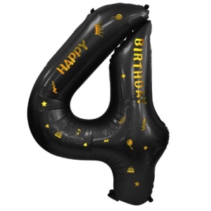 Balon din Folie Metalizata Flippy, Figurina Cifra, Scris Happy Birthday, Tema Aniversare 100 cm, Ambalaj Individual, Pai inclus, Umflare cu Aer sau Heliu, Negru, Cifra 4 - Img 4