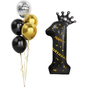 Balon din Folie Metalizata Flippy, Figurina Cifra si Coroana, Scris Happy Birthday, Tema Aniversare 100 cm, Ambalaj Individual, Pai inclus, Umflare cu Aer sau Heliu, Negru, Cifra 1 - Img 3