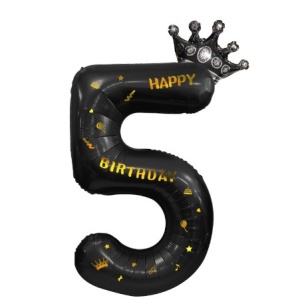 Balon din Folie Metalizata Flippy, Figurina Cifra si Coroana, Scris Happy Birthday, Tema Aniversare 100 cm, Ambalaj Individual, Pai inclus, Umflare cu Aer sau Heliu, Negru, Cifra 5 - Img 6