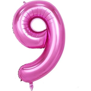 Balon din Folie Metalizata Flippy, Figurina Cifra si Coroana, Tema Aniversare 100 cm, Ambalaj Individual, Pai inclus, Umflare cu Aer sau Heliu, Roz, Cifra 9 - Img 3