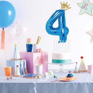 Balon din Folie Metalizata Flippy, Figurina Cifra si Coroana, Tema Aniversare 100 cm, Ambalaj Individual, Pai inclus, Umflare cu Aer sau Heliu, Albastru, Cifra 4 - Img 3