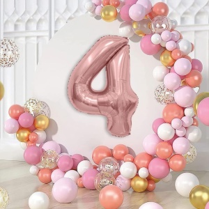 Balon din Folie Metalizata Flippy, Figurina Cifra, Tema Aniversare 100 cm, Ambalaj Individual, Pai inclus, Umflare cu Aer sau Heliu, Coral, Rose, Cifra 4 - Img 6