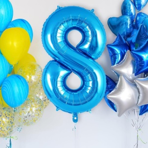Balon din Folie Metalizata, Flippy, Figurina Cifra, Tema Aniversare 100 cm, Ambalaj Individual, Pai inclus, Umflare cu Aer sau Heliu, Albastru, Cifra 8 - Img 4