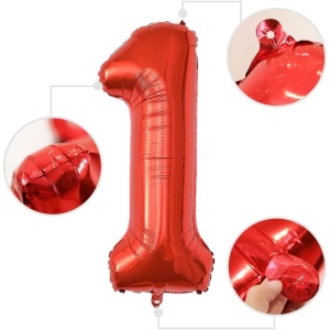 Balon din Folie Metalizata Flippy, Figurina Cifra, Tema Aniversare 100 cm, Ambalaj Individual, Pai inclus, Umflare cu Aer sau Heliu, Rosu, Cifra 1 - Img 2