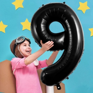 Balon din Folie Metalizata Flippy, Figurina Cifra, Tema Aniversare 40 cm, Ambalaj Individual, Pai inclus, Umflare cu Aer sau Heliu, Negru, Cifra 9 - Img 3