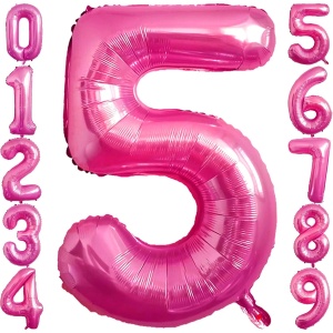 Balon din Folie Metalizata Flippy, Figurina Cifra, Tema Aniversare 40 cm, Ambalaj Individual, Pai inclus, Umflare cu Aer sau Heliu, Roz, Cifra 5 - Img 6