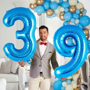 Balon din Folie Metalizata Flippy, Figurina Cifra, Tema Aniversare 40 cm, Ambalaj Individual, Pai inclus, Umflare cu Aer sau Heliu, Albastru, Cifra 9 - Img 3