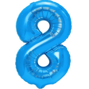 Balon din Folie Metalizata Flippy, Figurina Cifra, Tema Aniversare 40 cm, Ambalaj Individual, Pai inclus, Umflare cu Aer sau Heliu, Albastru, Cifra 8 - Img 1