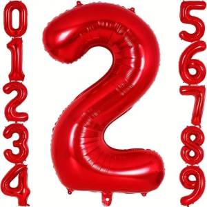Balon din Folie Metalizata Flippy, Figurina Cifra, Tema Aniversare 80 cm, Ambalaj Individual, Pai inclus, Umflare cu Aer sau Heliu, Rosu, Cifra 2 - Img 4