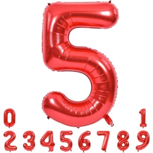Balon din Folie Metalizata Flippy, Figurina Cifra, Tema Aniversare 80 cm, Ambalaj Individual, Pai inclus, Umflare cu Aer sau Heliu, Rosu, Cifra 5 - Img 7