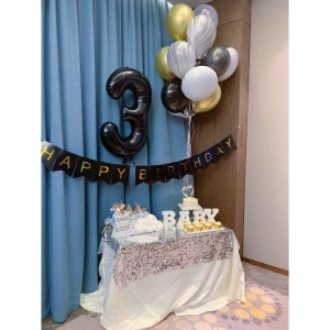 Balon din Folie Metalizata, Flippy, Figurina Cifra, Tema Aniversare 80 cm, Ambalaj Individual, Pai inclus, Umflare cu Aer sau Heliu, Negru, Cifra 3 - Img 9