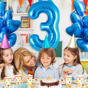 Balon din Folie Metalizata, Flippy, Figurina Cifra, Tema Aniversare 80 cm, Ambalaj Individual, Pai inclus, Umflare cu Aer sau Heliu, Albastru, Cifra 3 - Img 6