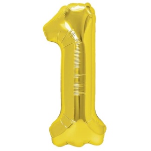 Balon din Folie Metalizata Flippy, Figurina Cifra, Tema Aniversare 80 cm, Ambalaj Individual, Pai inclus, Umflare cu Aer sau Heliu, Auriu, Cifra 1 - Img 1