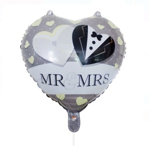 Balon din Folie Metalizata, Flippy, Figurina Inima, Model Mr&Mrs, Tema Nunta, 45 cm, Ambalaj Individual, Pai Inclus, Umflare cu Aer sau Heliu, Gri - Img 1