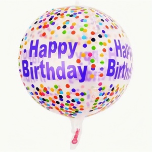 Balon din Folie Metalizata, Flippy, Figurine 4D, Model Happy Birthday, Tematica Aniversara Bombonele, 63x24 cm, Ambalaj Individual, Pai Inclus, Umflare cu Aer sau Heliu, Mov-Multicolor - Img 3