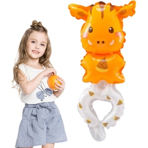 Balon din Folie Metalizata, Flippy, Figurine Animalute, Tip Bratara, Model Girafa, 13 x 35 cm, Ambalaj Individual, Pai Inclus, Umflare cu Aer sau Heliu, Maro - Img 4