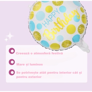Balon din Folie Metalizata, Flippy, Figurine, Model 5, Happy Birthday, Tematica Aniversare, 45 cm, Ambalaj Individual, Pai Inclus, Umflare cu Aer sau Heliu, Multicolor - Img 2