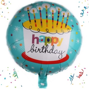 Balon din Folie Metalizata, Flippy, Mini Figurina Rotunda, Model Happy Birthday Tort, Tema Aniversare, 45 cm, Ambalaj Individual, Pai inclus, Umflare cu Aer sau Heliu, Albastru - Img 2