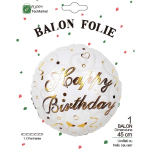 Balon din Folie Metalizata, Flippy, Mini Figurina Rotunda, Model Happy Birthday, Tema Aniversare, 45 cm, Ambalaj Individual, Pai inclus, Umflare cu Aer sau Heliu, Argintiu - Img 3