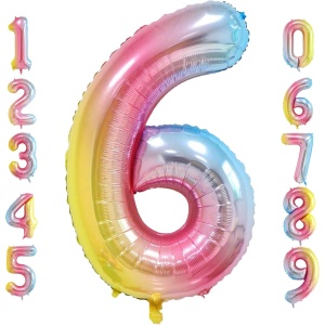 Balon din Folie Metalizata Gradient Flippy, Figurina Cifra, Tema Aniversare 100 cm, Ambalaj Individual, Pai inclus, Umflare cu Aer sau Heliu, Multicolor, Cifra 6 - Img 4