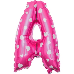 Balon Folie Metalizata Litera A, Flippy, 40 cm, Cu Imprimeu Inimioare, Umflati cu Heliu sau Aer, Ambalaj Individual, Pai inclus, Roz - Img 1