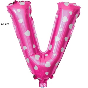 Balon Folie Metalizata Litera V, Flippy, 40 cm, Cu Imprimeu Inimioare, Umflati cu Heliu sau Aer, Ambalaj Individual, Pai inclus, Roz - Img 2