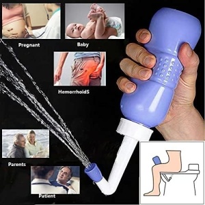 Bideu Portabil pentru Igiena Intima, Flippy, pentru Postpartum/ Postoperator, 450 mL, cu Capac si Husa Galbena, 29.5x7 cm, Culoare Recipient Mov - Img 13