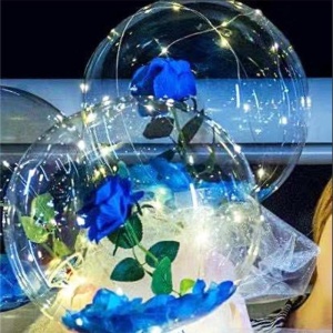 Buchet Decorativ, Flippy, Trandafir in Balon cu Lumini Led, Diametru 35 cm, 2 x Baterii AA (neincluse), Albastru/Alb - Img 4