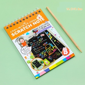 Caiet cu fise razuibile Flippy, DIY Magic Scratch, 12 File, Curcubeu, Creion din Lemn, Cartonase negre, 14.2 x 9.8 cm, Portocaliu - Img 2