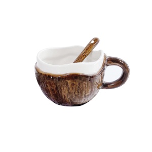 Cana din Ceramica, Flippy, 201-300 ml, cu Lingurita, Model Nuca de Cocos, Maro - Img 1