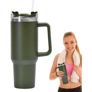 Cana Termos din Plastic, Flippy, pentru Bauturi Calde si Reci, cu Maner, 9.9x9.9x27 cm, Verde Army - Img 8