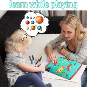 Carte Senzoriala Educativa Montessori, Flippy, cu Activitati, Dezvoltare Abilitati Motorii, 4 Pagini, Model Spatiu Cosmic, 28x22x7 cm, Albastru - Img 11