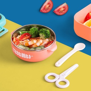 Caserola pentru copii Flippy, lunch box, 750 ml, doua boluri, lingura, foarfeca din plastic, rezistenta la scurgeri, Roz - Img 10