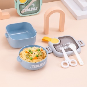 Caserola pentru copii Flippy, lunch box, 750 ml, doua boluri, lingura, foarfeca din plastic, rezistenta la scurgeri, Albastra - Img 9