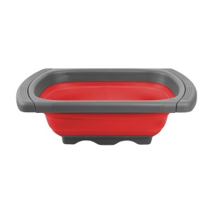 Cos de Scurgere Retractabil pentru Chiuveta, Flippy, cu Filtru, pentru Fructe si Legume, de Uz Casnic, 39x12 cm, Design Extensibil pana la 61 cm, cu Manere de Prindere, Rosu