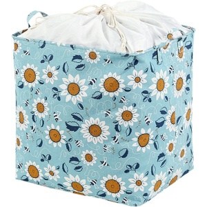 Cos depozitare, Flippy, Capac cu Snur, 175 L, Confectionat din Bumbac si un Strat Impermeabil, 50x50x70 cm, Albastru Deschis, Imprimeu Flori - Img 6
