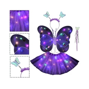 Costum Fluturas cu Aripi Modelabile Luminoase pentru Copii, Flippy, Fusta din Tul cu Lumini, Bagheta si Bentita, 4 piese, Pentru Halloween, Roleplay, Craciun, Carnaval, Paste, Ziua Copilului, Bumbac/Poliester, Marime universala, Mov - Img 3