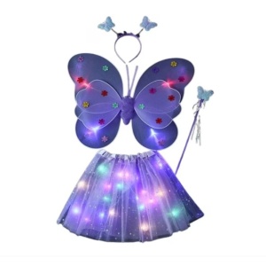 Costum Fluturas cu Aripi Modelabile Luminoase pentru Copii, Flippy, Fusta din Tul cu Lumini, Bagheta si Bentita, 4 piese, Pentru Halloween, Roleplay, Craciun, Carnaval, Paste, Ziua Copilului, Bumbac/Poliester, Marime universala, Mov - Img 1