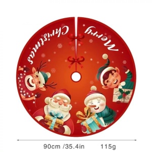 Covoras pentru Bradul de Craciun, Flippy, din Tesatura Pufoasa, cu Fundite de Prindere, Model Mos Craciun si Ajutoarele, Rosu, Diametru 90 cm - Img 5