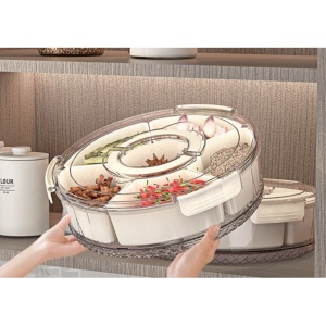 Cutie de Depozitare pentru Alimente, Flippy, cu 6 Compartimente, pentru Condimente, Fructe, Legume, cu Manere de Prindere, Rotativa 360 de Grade, Inchidere Ermetica, 32x8 cm, Alba - Img 9