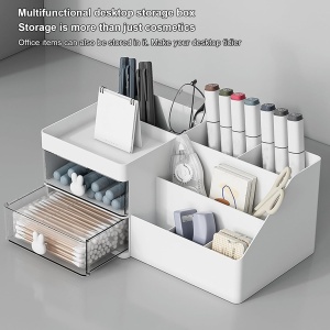 Cutie de Depozitare pentru Birou, Flippy, Pentru Makeup, Papetarie, Organizator Cosmetice, 2 Sertare si Compartimente Multiple, Model Iepuras, Plastic, 27.5x15.5x12 cm, Alb - Img 5