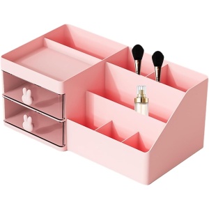 Cutie de Depozitare pentru Birou, Flippy, Pentru Makeup, Papetarie, Organizator Cosmetice, 2 Sertare si Compartimente Multiple, Model Iepuras, Plastic, 27.5x15.5x12 cm, Roz - Img 5