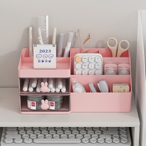 Cutie de Depozitare pentru Birou, Flippy, Pentru Makeup, Papetarie, Organizator Cosmetice, 2 Sertare si Compartimente Multiple, Model Iepuras, Plastic, 27.5x15.5x12 cm, Roz - Img 13
